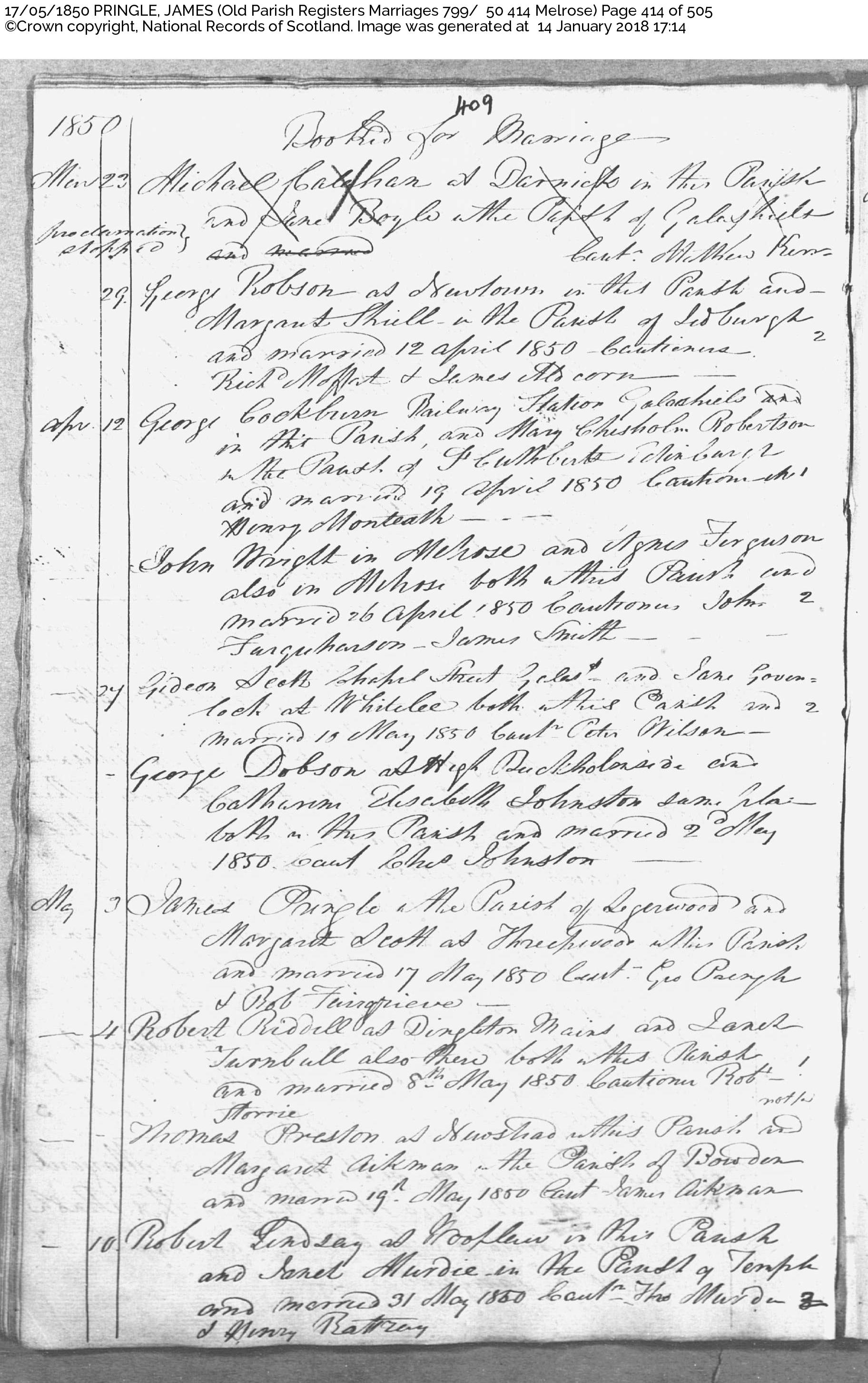 JamesPringleMargaretScott_M1850 Melrose, May 17, 1850